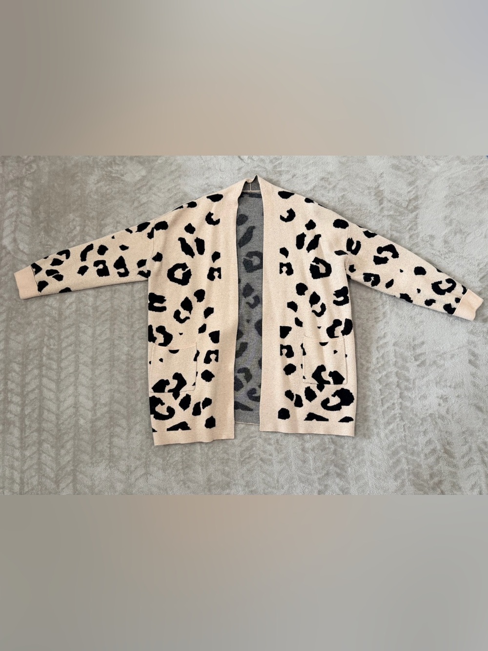 Leopard Print Open Front Cardigan Sweater Apricot Beige Black Cozy Size Large
